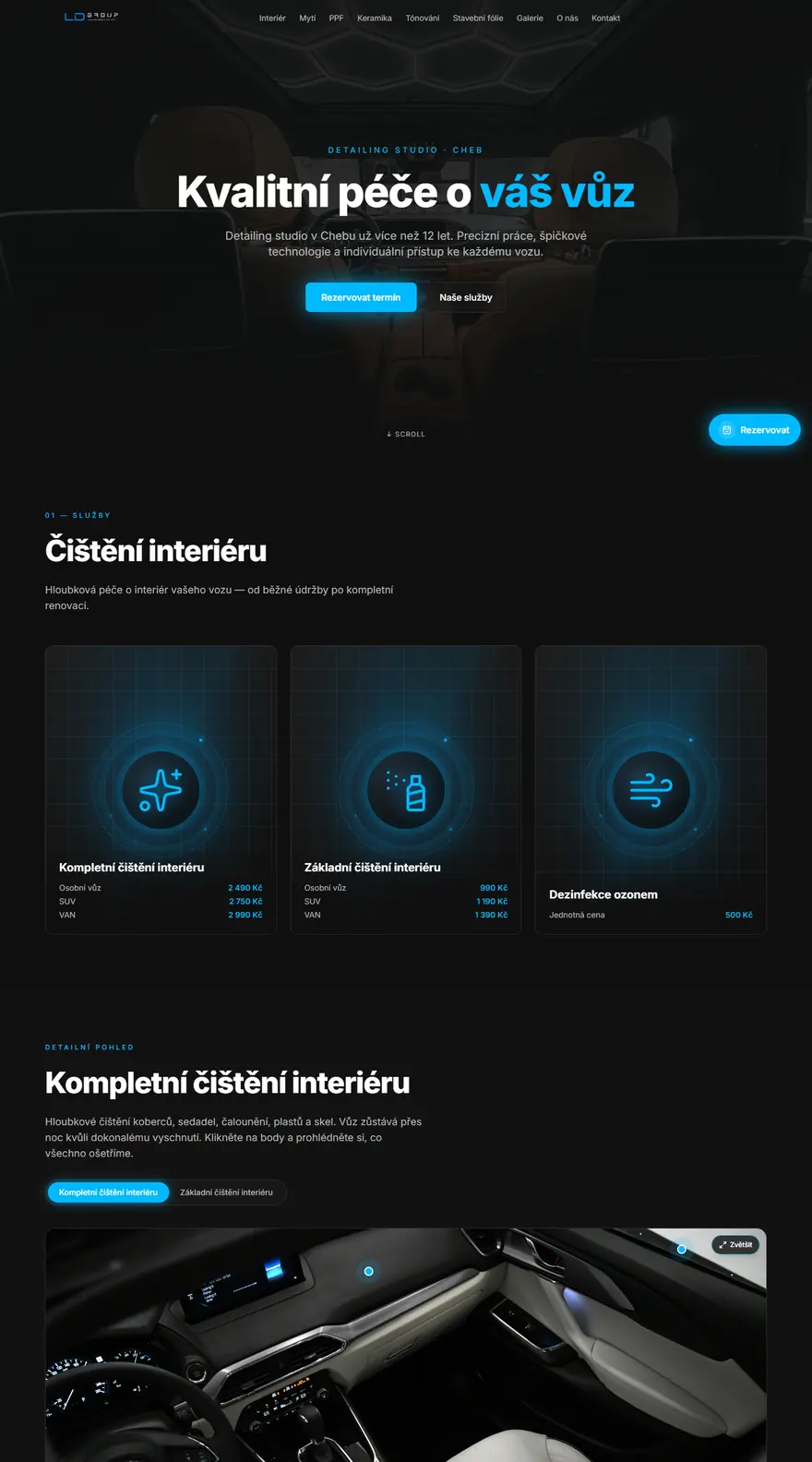 Web LD Group na počítači: úvodní obrazovka a ceník čištění interiéru
