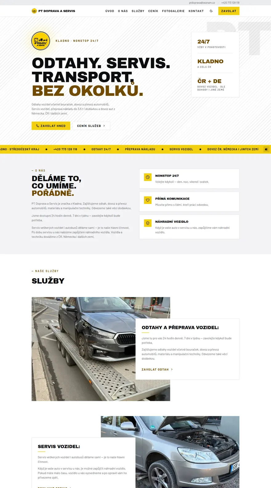 Web PT Doprava a Servis na počítači: úvodní obrazovka, představení firmy a služby