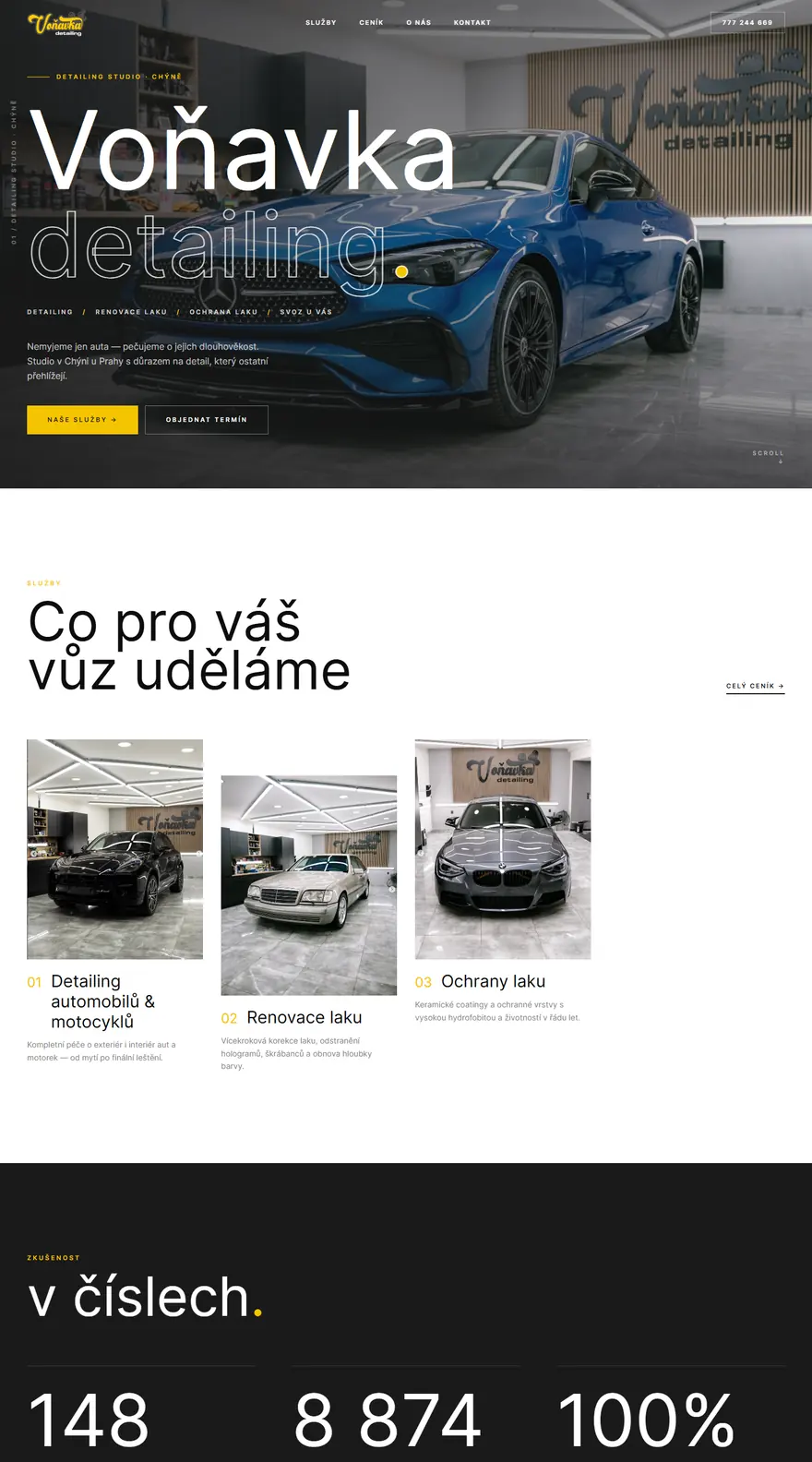 Web Voňavka Detailing na počítači: úvodní obrazovka, služby a čísla studia